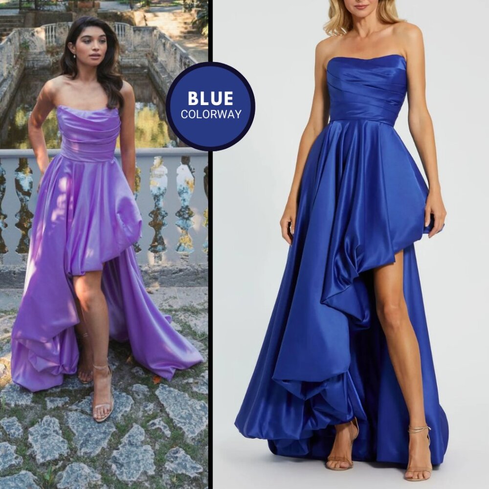 Mac Duggal 11685 Size 4 Cobalt Blue Satin Strapless Ruched High Low Gown Dress